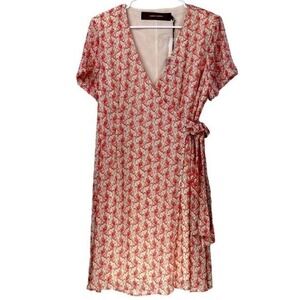 Code Mode Floral Wrap Dress Pink Cream Rose Print V-Neck Short Sleeve Mini Large